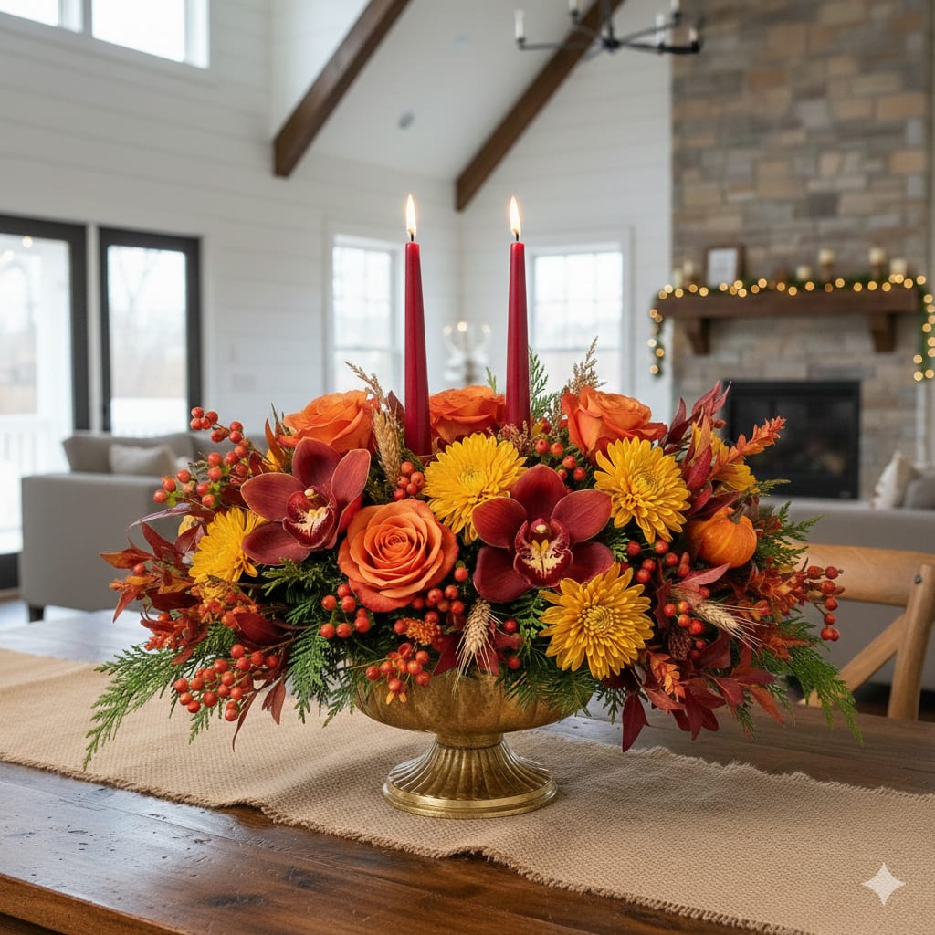 Low centerpiece of orange roses, yellow mums, and red orchids with two red taper candles in a gold pedestal bowl