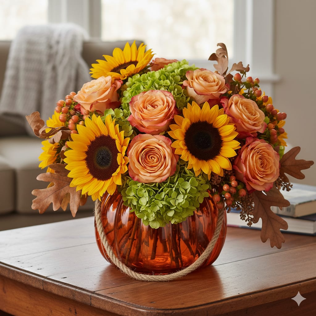 Low centerpiece of yellow sunflowers, peach roses, and green hydrangea in an orange pumpkin-shaped vase.