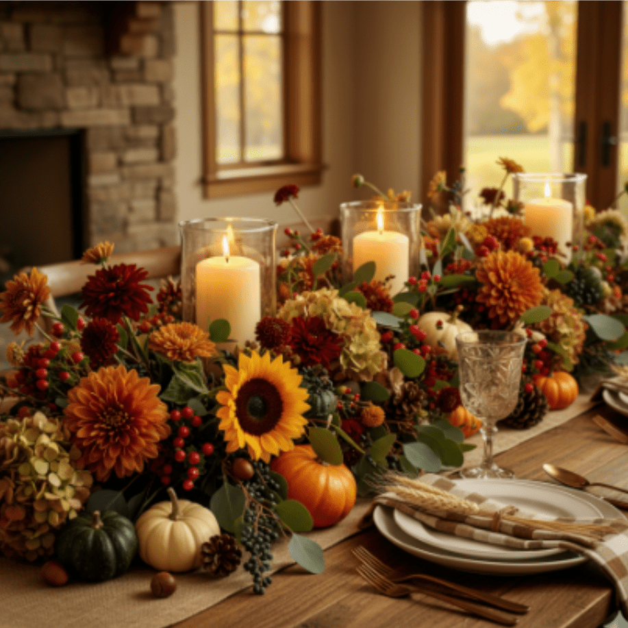 Autumn's Abundance -  Three substantial,  Pillar Candles housed in clear hurricane vases cast a soft, ambient glow, illuminating the arrangement and creating an inviting, intimate atmosphere for gathering.  The Autumn's Abundance tablescape is more than decoration—it is an experience, ensuring your Thanksgiving meal is framed by warmth, beauty, and true gratitude.  Call The Shop for additional sizes and options