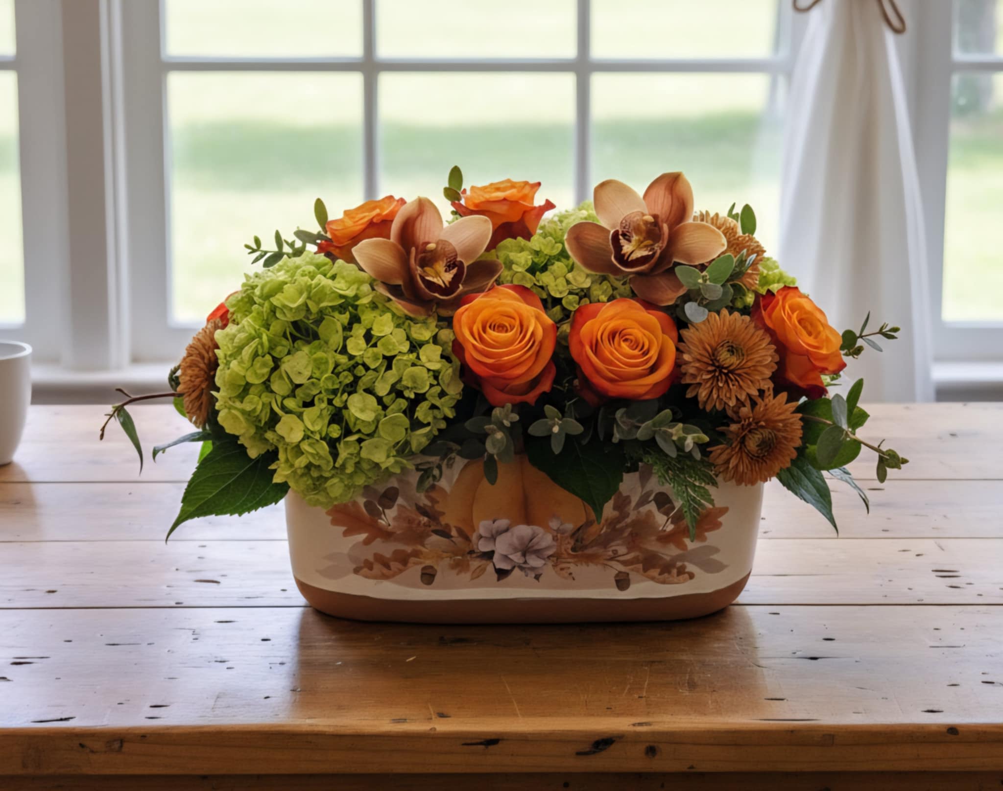 Low fall centerpiece with orange roses, orchids, and green hydrangeas in a rectangular ceramic container