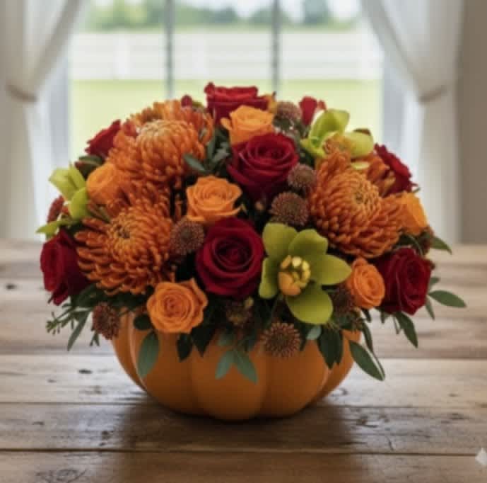 Low pumpkin centerpiece with orange mums, red and orange roses, and green orchids on a wooden table.