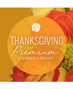 Thanksgiving designer's choice graphic over close-up orange and yellow flowers