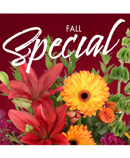 Fall Special text over red lilies and orange gerbera daisies on a burgundy background