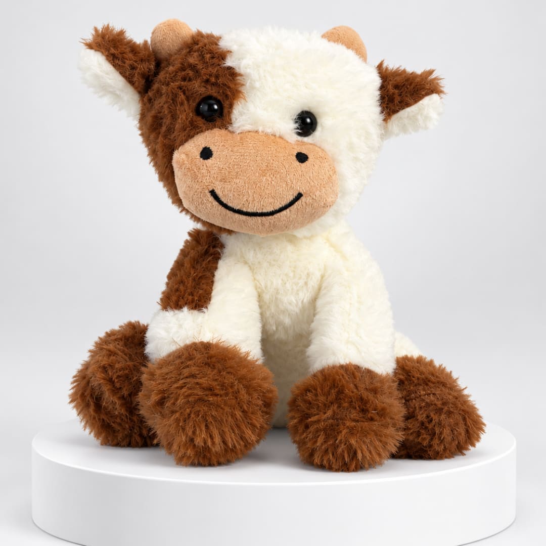 Plush cow toy sitting on a white pedestal