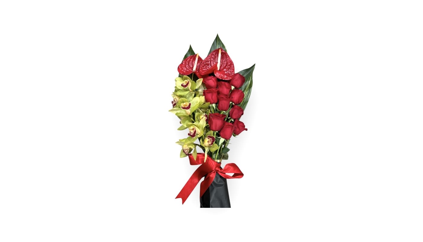 Bouquet of red roses and green orchids with a red ribbon