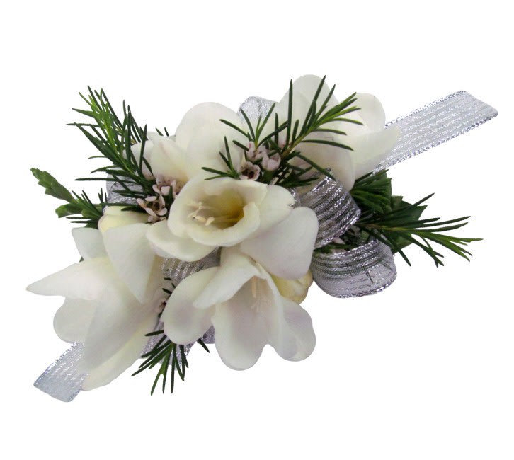 White floral wrist corsage with silver ribbon