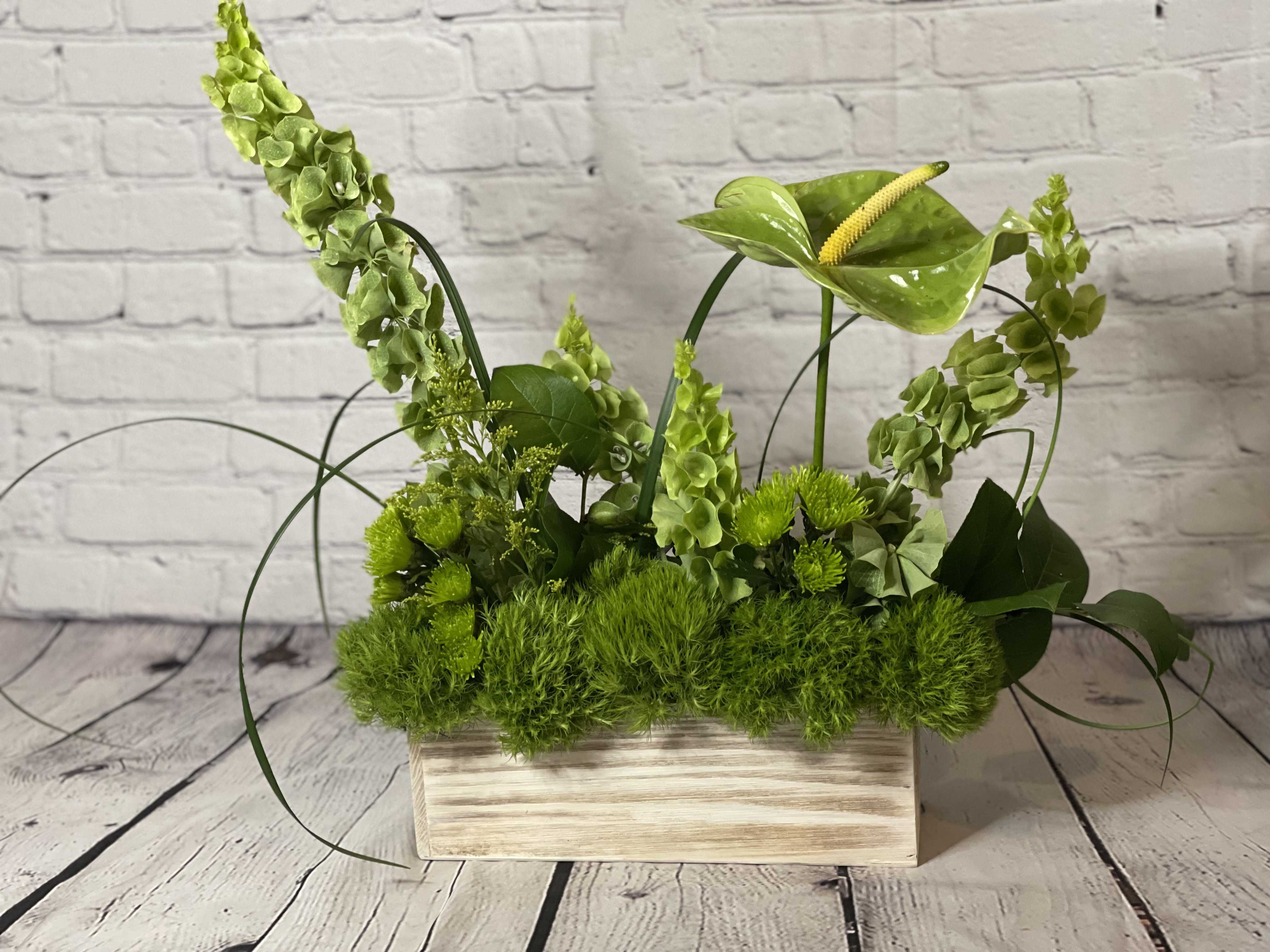 Green floral arrangement in a rectangular wooden planter with anthurium and tall spikes