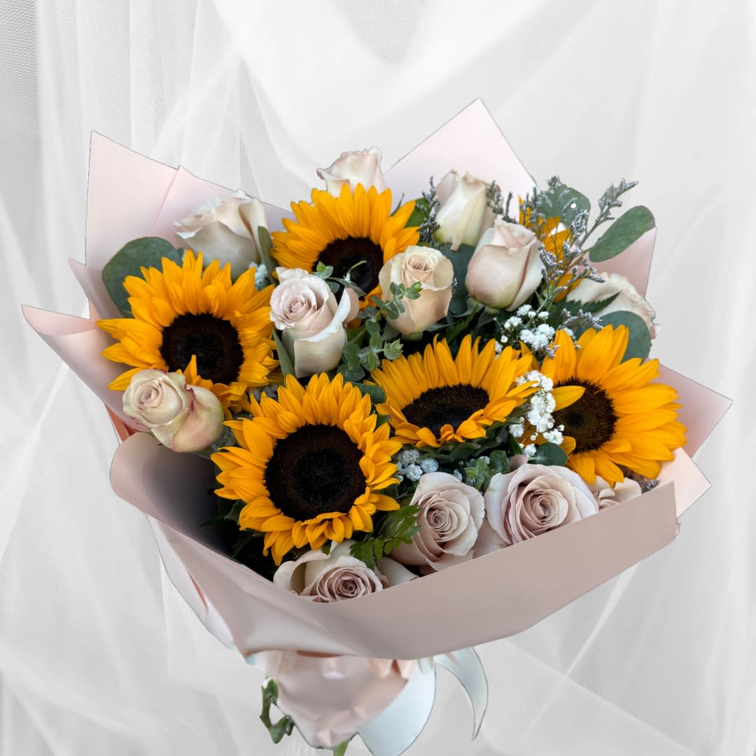 Graceful Sunshine  - Quicksand roses with sunflowers in luxury wrap.