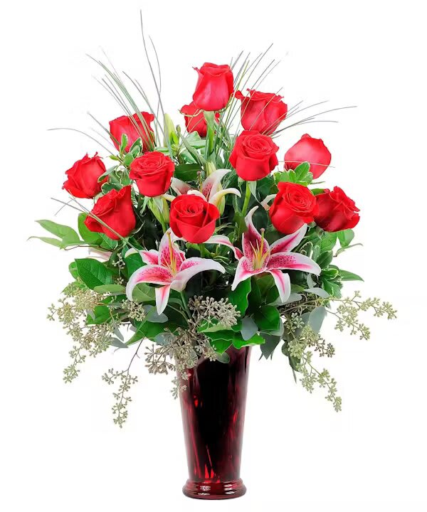 ETERNAL GAZE - A premium design with rich red roses and elegant lilies designed in a red vase.  