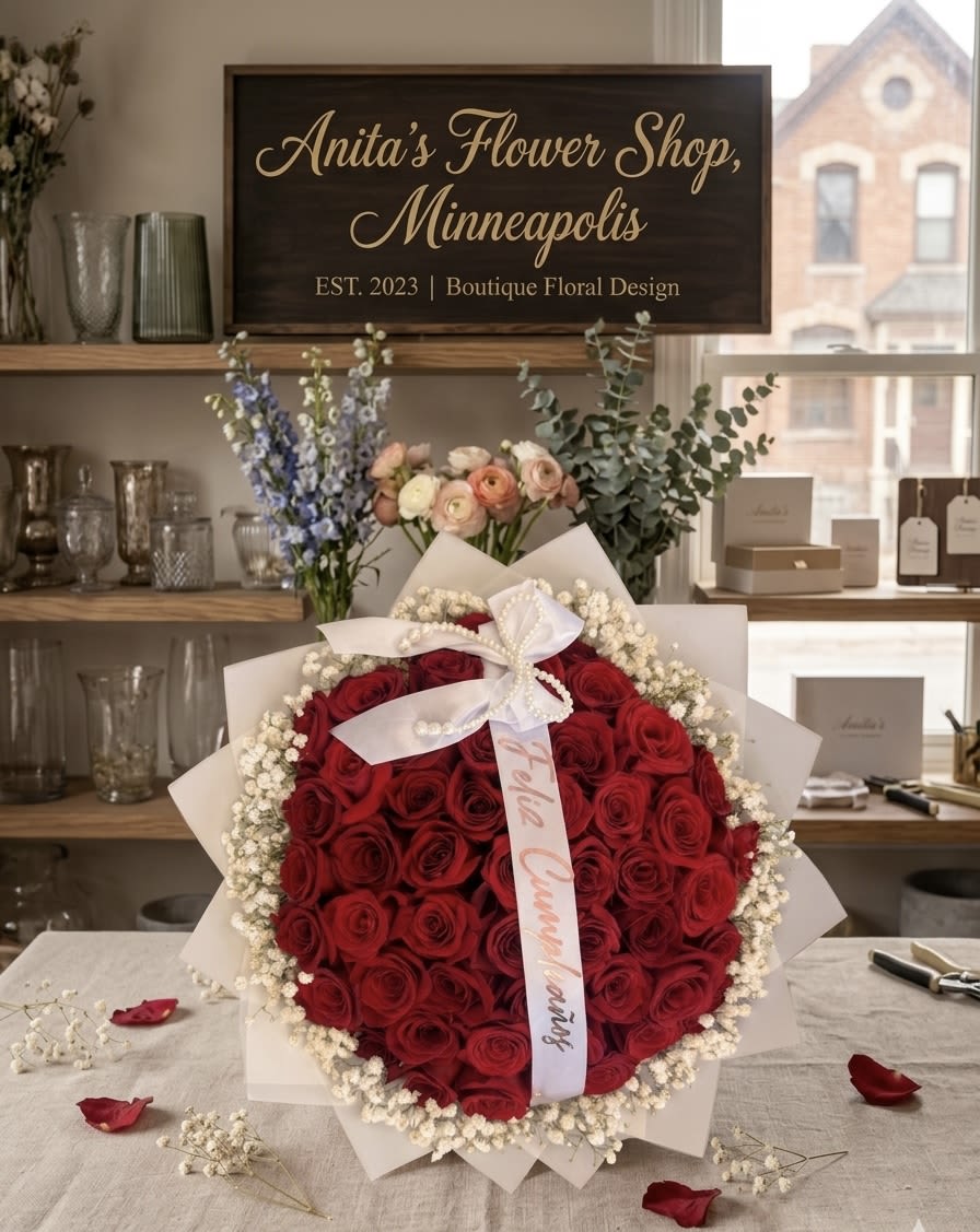 Classic Ramo Buchon. - Amazing big bouquet of 50 red roses  with a touch of  baby breath in different places wrapped with a nice Korean paper the color can be modified  as you like.  The ribbon we can add any message or just add the bow on top you can let us know on the box of special instructions for the florist at the end of the order or just call or message us at 6127570069.  deluxe 55  roses. premium 60 roses.