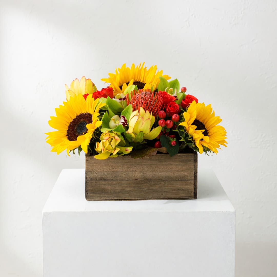Sunflowers and red flowers arranged in a wooden box