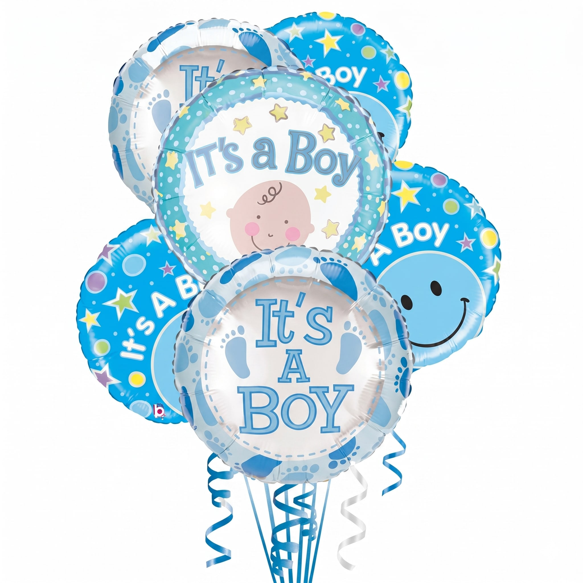 It's A Boy Balloon Bouquet - Welcome a beautiful little boy into this world with a brightly colored selection of fun and festive balloons.  This balloon bouquet features six foil balloons. Styles may vary.  