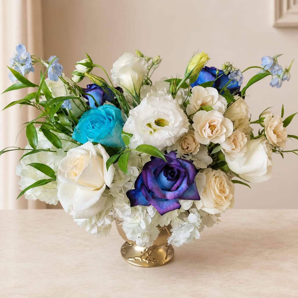 Bouquet of white, blue, and purple roses in a gold vase