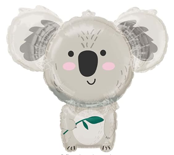 Koala-shaped foil balloon holding a eucalyptus branch