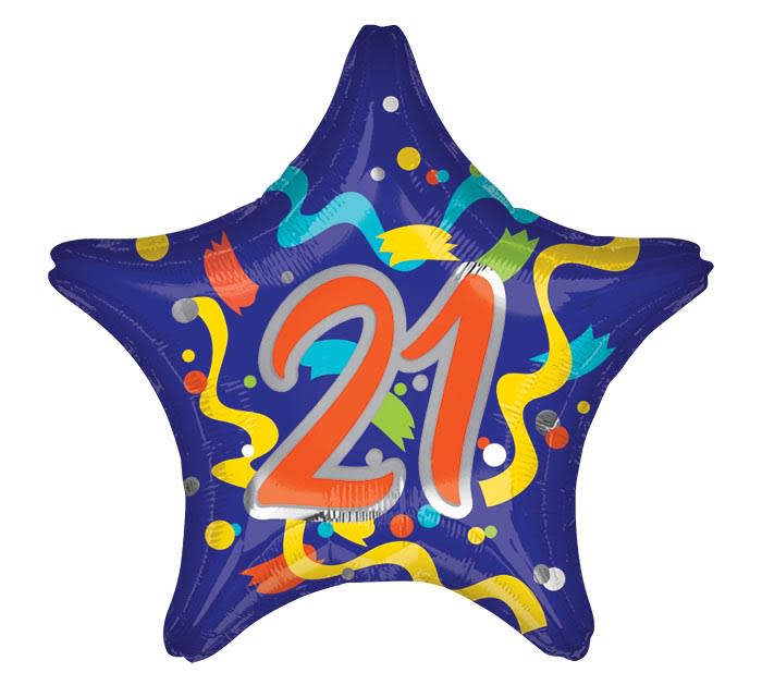 Star-shaped balloon with the number 21 on a blue background