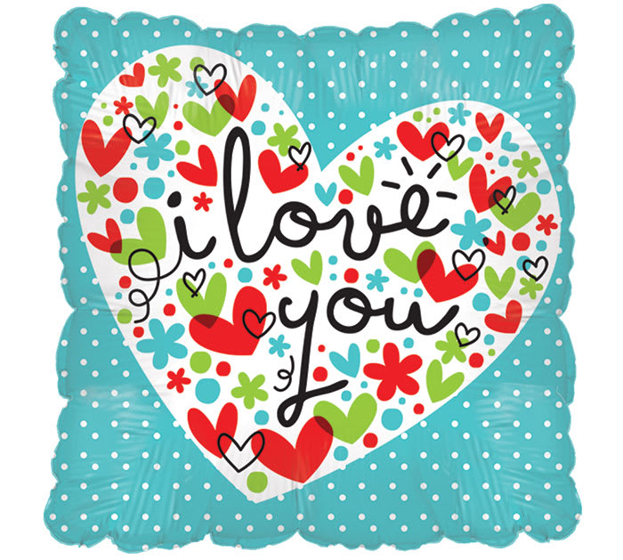 Turquoise heart-shaped balloon with polka dots and "i love you" text