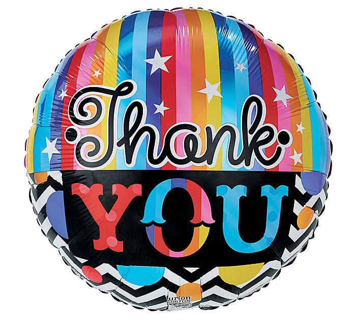 Round foil balloon with colorful stripes and the words Thank You