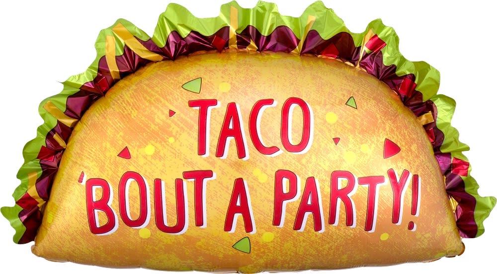 Taco-shaped foil balloon with "TACO BOUT A PARTY!" text