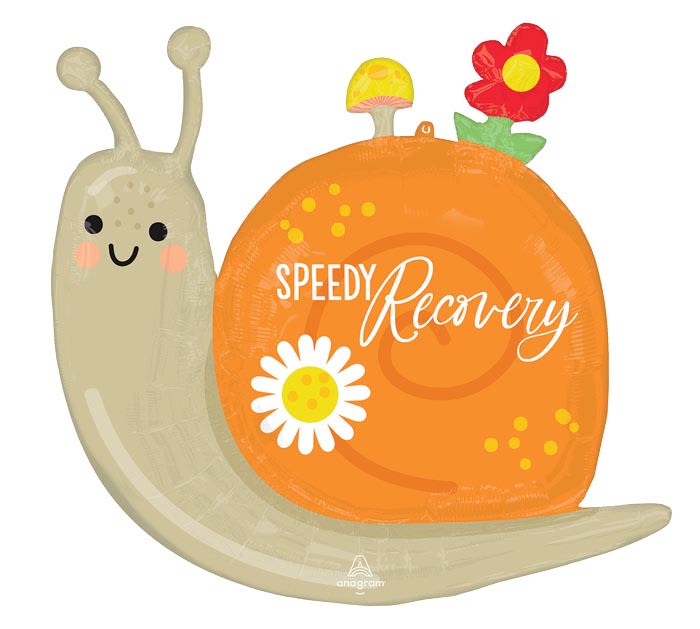 Snail-shaped balloon with "Speedy Recovery" text and flower accents