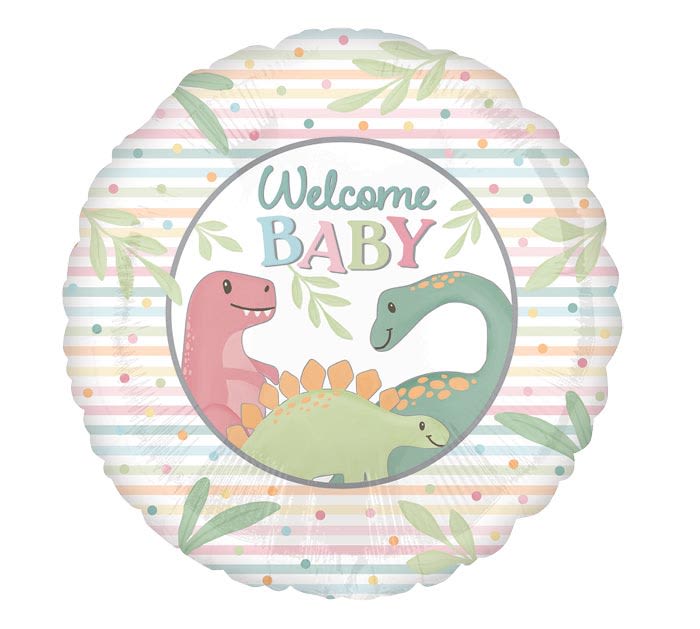 Round pastel balloon with "Welcome Baby" and cartoon dinosaurs