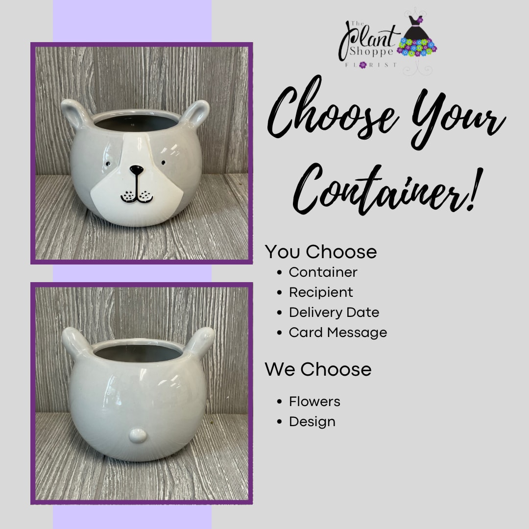 Two gray ceramic bear-face planters with ear handles