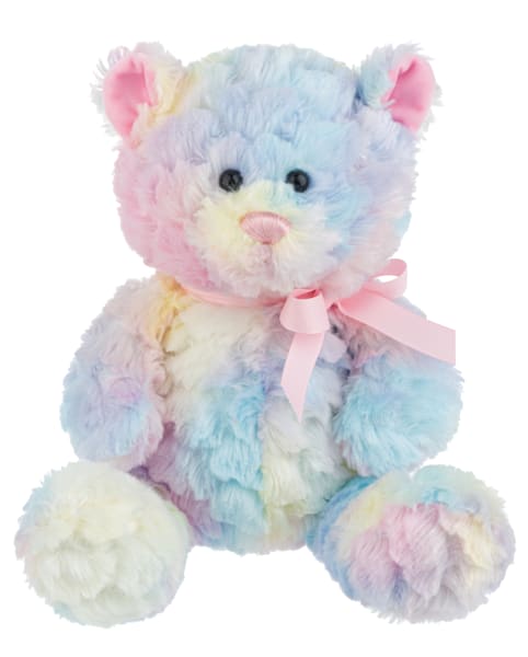 Pastel rainbow teddy bear with a pink ribbon