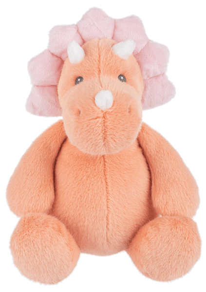 Plush orange triceratops toy with pink frill