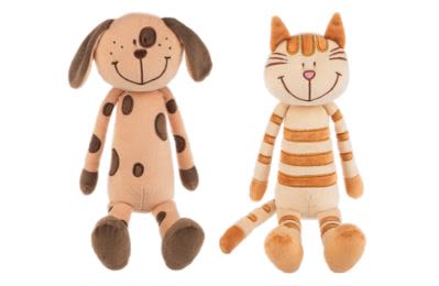 Two plush animal toys, a dog and a cat, sitting side by side