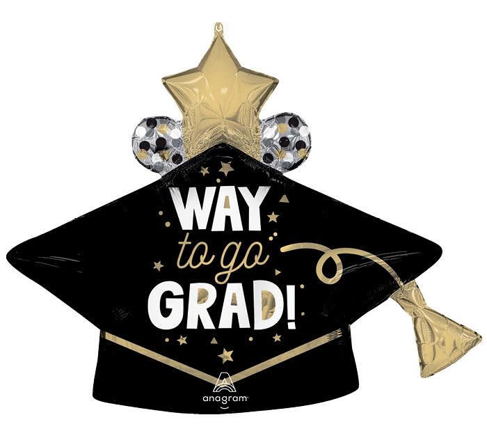 Graduation cap-shaped balloon with gold star and "Way to go grad!" text