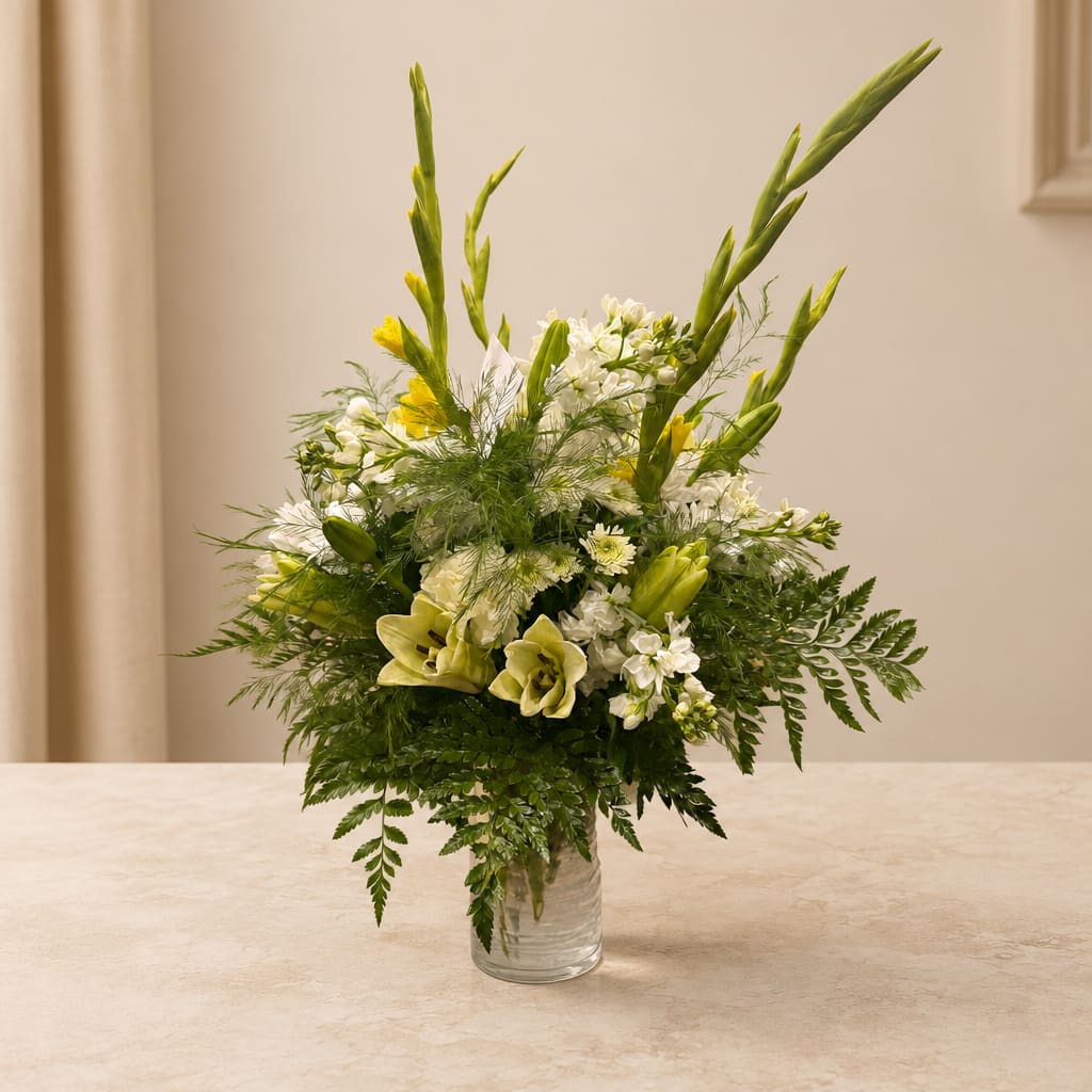 White and yellow floral arrangement in a clear glass vase