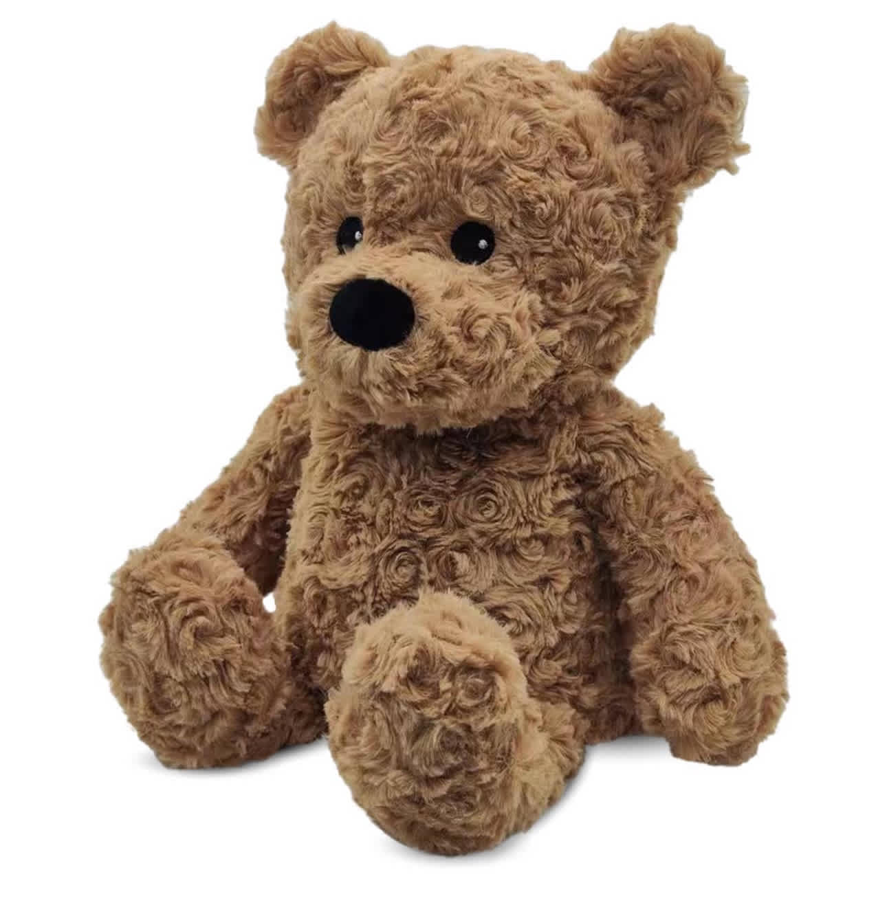 Brown plush teddy bear sitting on a white background