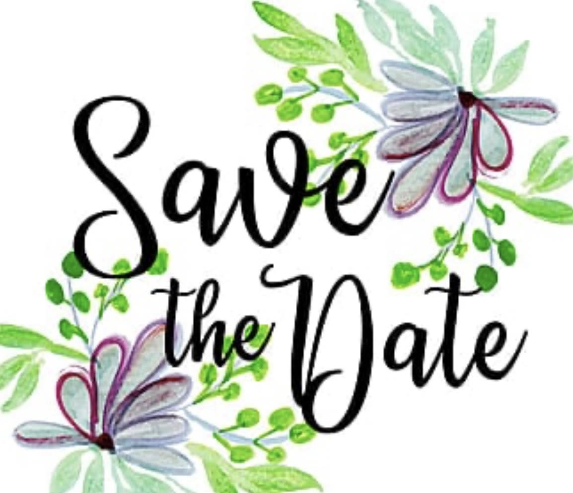 Decorative graphic with the words "Save the Date" and floral accents