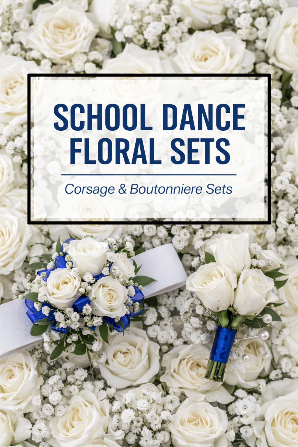 White rose corsage and boutonniere sets with blue ribbon accents