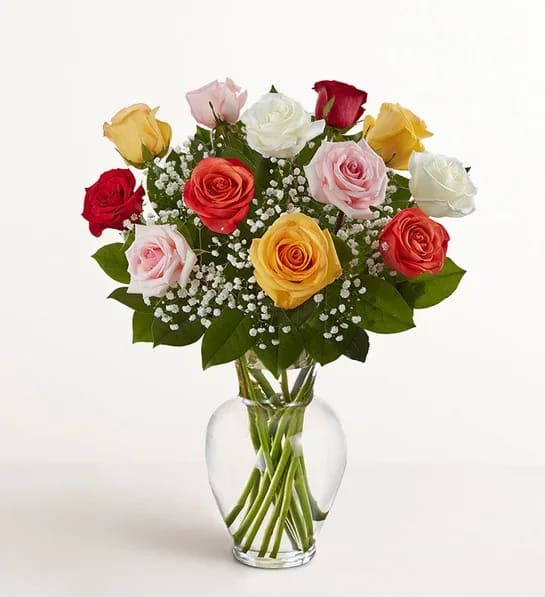 Colorful Mixed Rose Bouquet - 12 mixed colored roses will be placed in a vase with filelr and greens