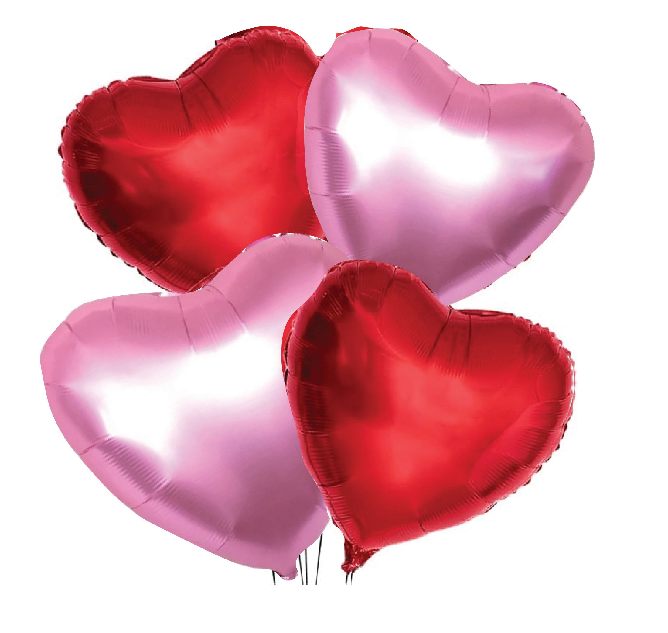 Four heart-shaped foil balloons in red and pink