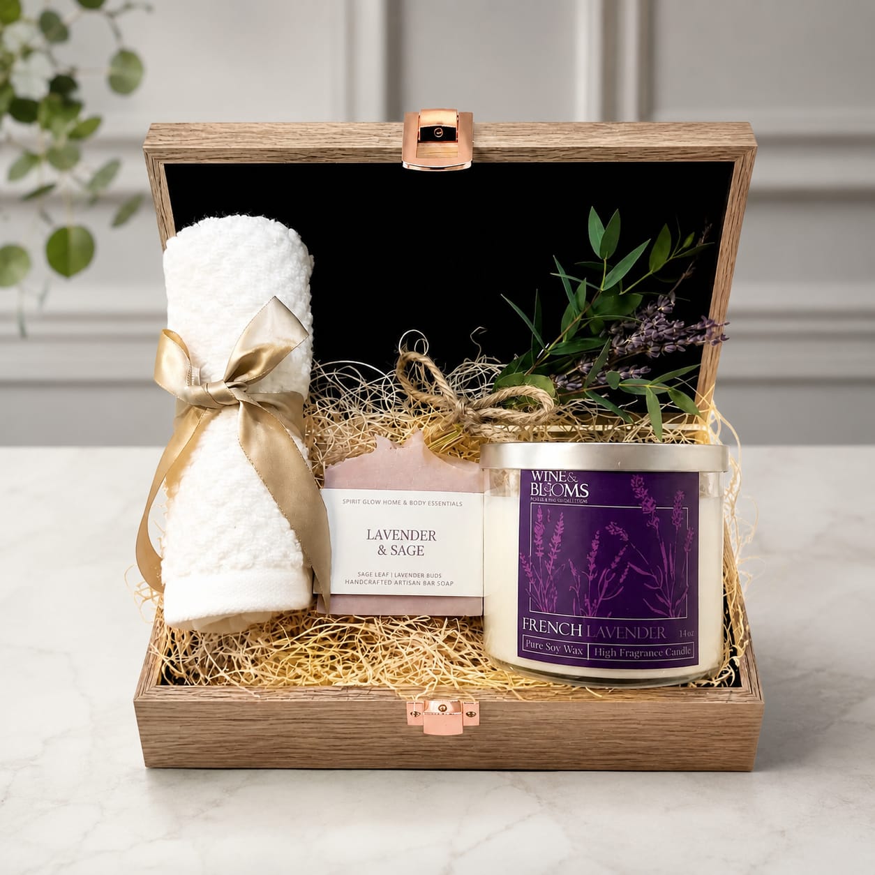 Gift box with a towel, soap, candle, and lavender sprig