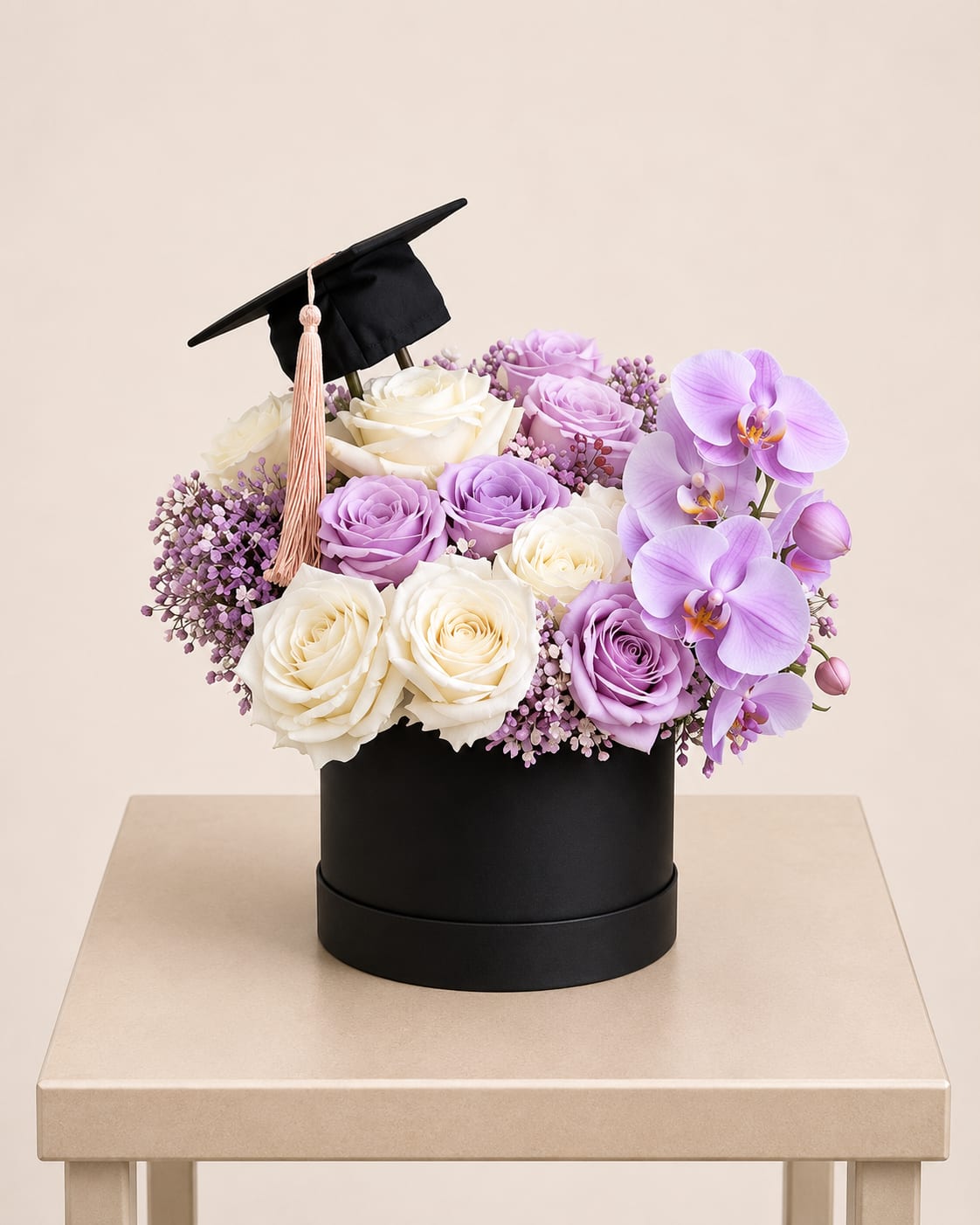 Lavender Graduation Luxe – Black Box - A sophisticated floral arrangement featuring premium white and lavender roses paired with elegant white orchids, designed in a modern black keepsake box for a bold and elevated look. Finished with a graduation cap detail, this design offers a striking contrast that feels both contemporary and timeless.  Perfect for those who love a clean, high-end aesthetic with a celebratory touch.  Available for local flower delivery throughout Naples, Bonita Springs, Estero, Fort Myers and Fort Myers Beach.  Designer’s Choice: Each arrangement is uniquely designed using the freshest seasonal flowers available. Flower varieties, colors and containers may vary while maintaining the overall style, value and beauty of the design.