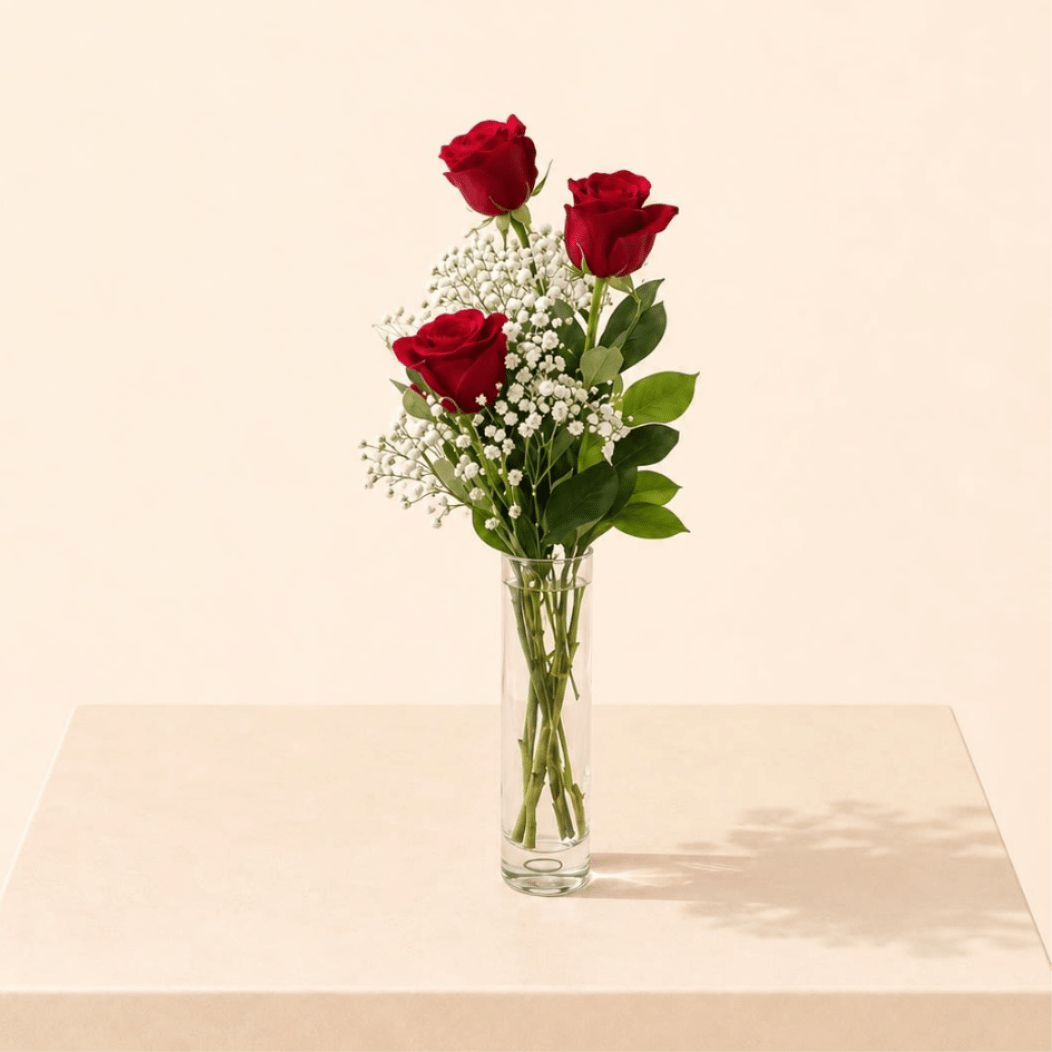 Three red roses in a clear glass vase with white baby's breath