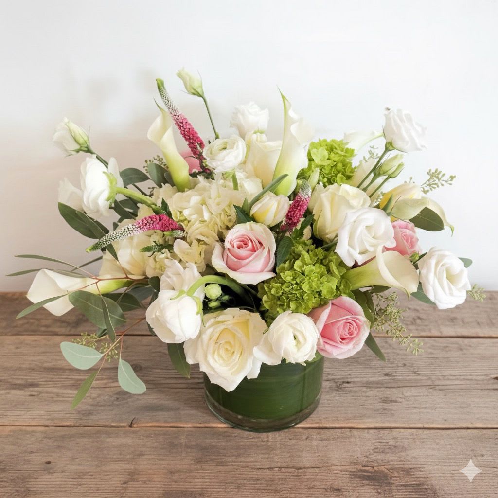 Pink Me Up - Delicate, dreamy, and timeless — the Pink Me Up arrangement is a graceful blend of romance and freshness. Featuring creamy white roses, soft blush pink blooms, crisp green hydrangeas, and elegant calla lilies, this arrangement brings a gentle sophistication to any room. Hints of pink veronica and fresh eucalyptus add texture and movement for a truly refined design.  Presented in a low, modern glass vase, this piece is perfect for weddings, anniversaries, baby showers, or as an elegant everyday centerpiece.  Details: 	•	Includes roses, calla lilies, lisianthus, veronica, hydrangea, and seasonal greenery 	•	Approximate size: 10–12” H x 12–14” W 	•	Designed in a reusable clear glass vase 	•	Includes a complimentary message card  Care Instructions: Keep in a cool spot away from direct sunlight. Refresh water daily and trim stems every 2–3 days for longest-lasting beauty.