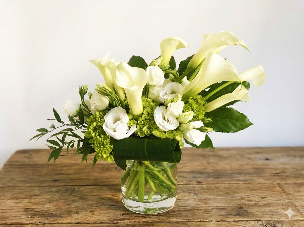 Seaport - A very elegant design, featuring calla lily, white lisanthus and green hydrangea.