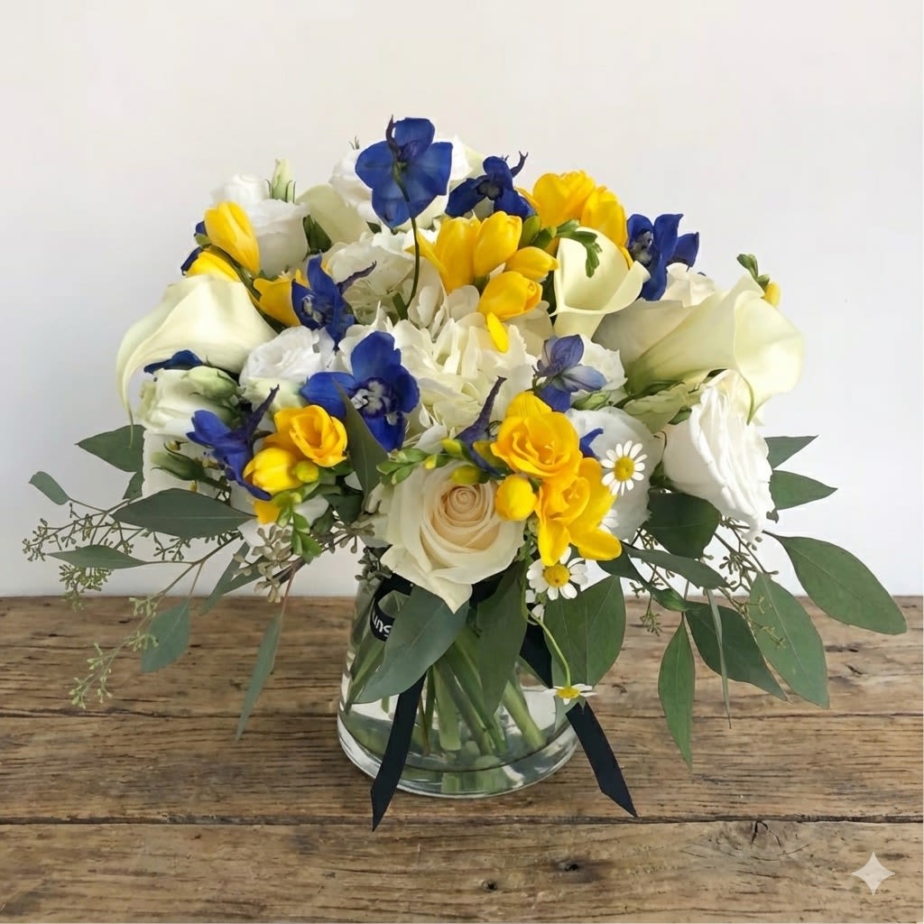 Blue, yellow, and white bouquet in a glass vase