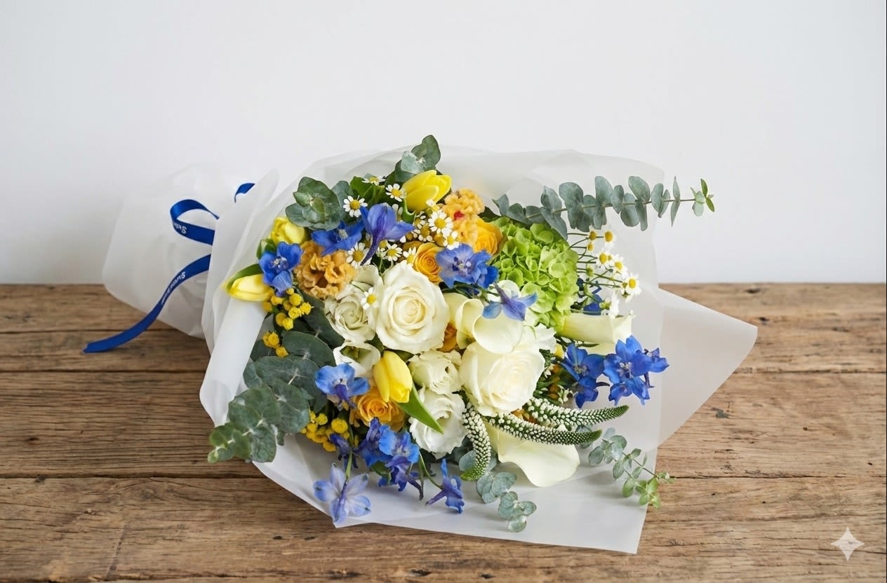 Southie - Named after our shop’s neighborhood, our beloved Southie is fun and one-of-a-kind! This handtied bouquet features a variety of white, blue, and yellow flowers, accented with green hydrangea and eucalyptus. Flowers may include cockscomb, Flowers and vase will vary based on availability.