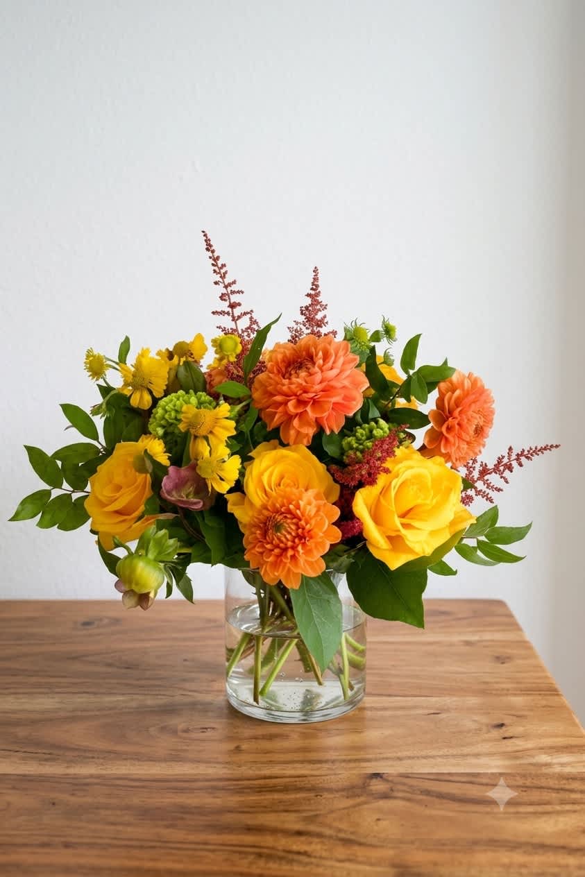 Yellow and orange flowers arranged in a clear glass vase