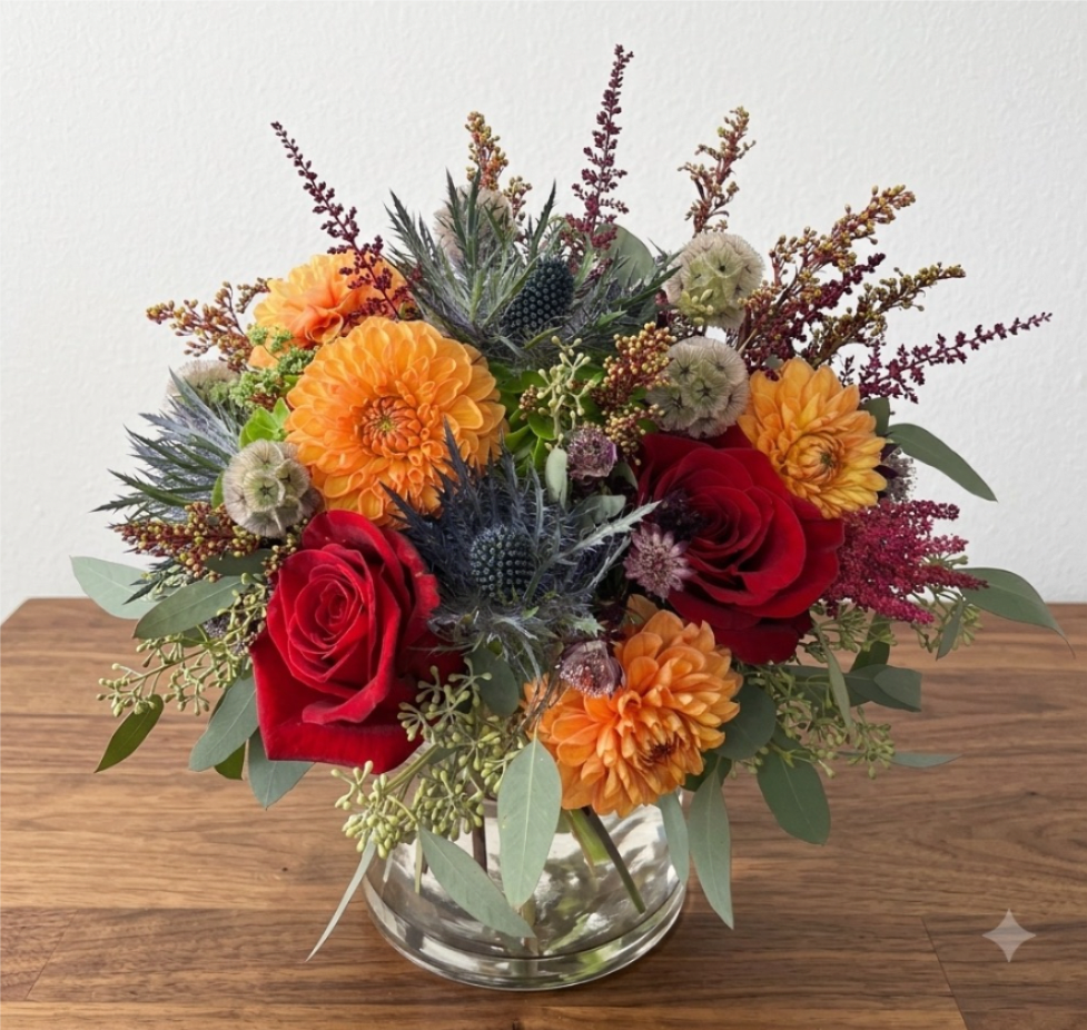 Bouquet of red roses and orange dahlias in a clear glass vase