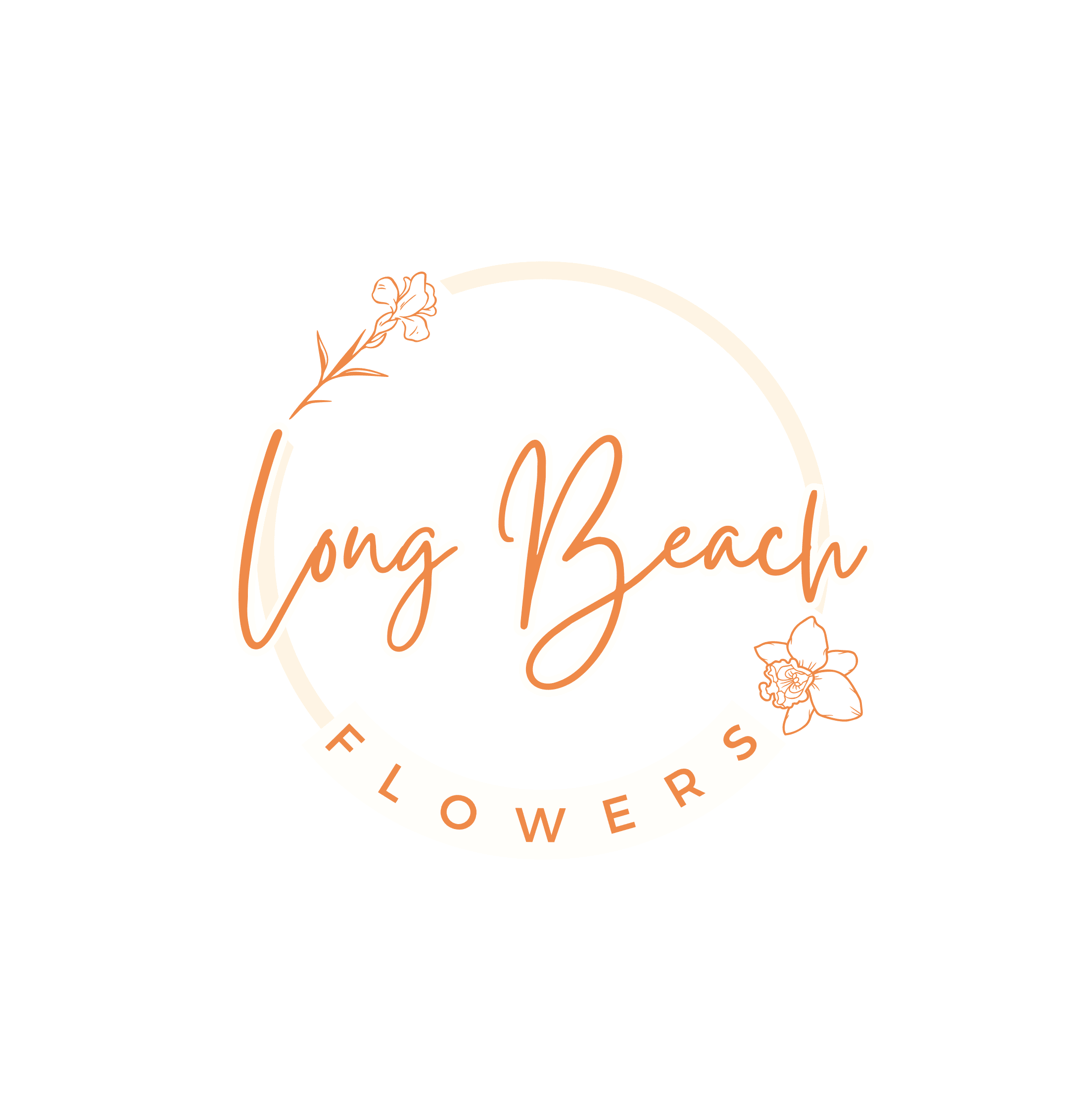 Orange Long Beach Flowers logo with floral line art on a white background