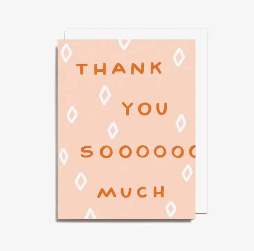 Peach thank-you card with orange text and white diamond pattern