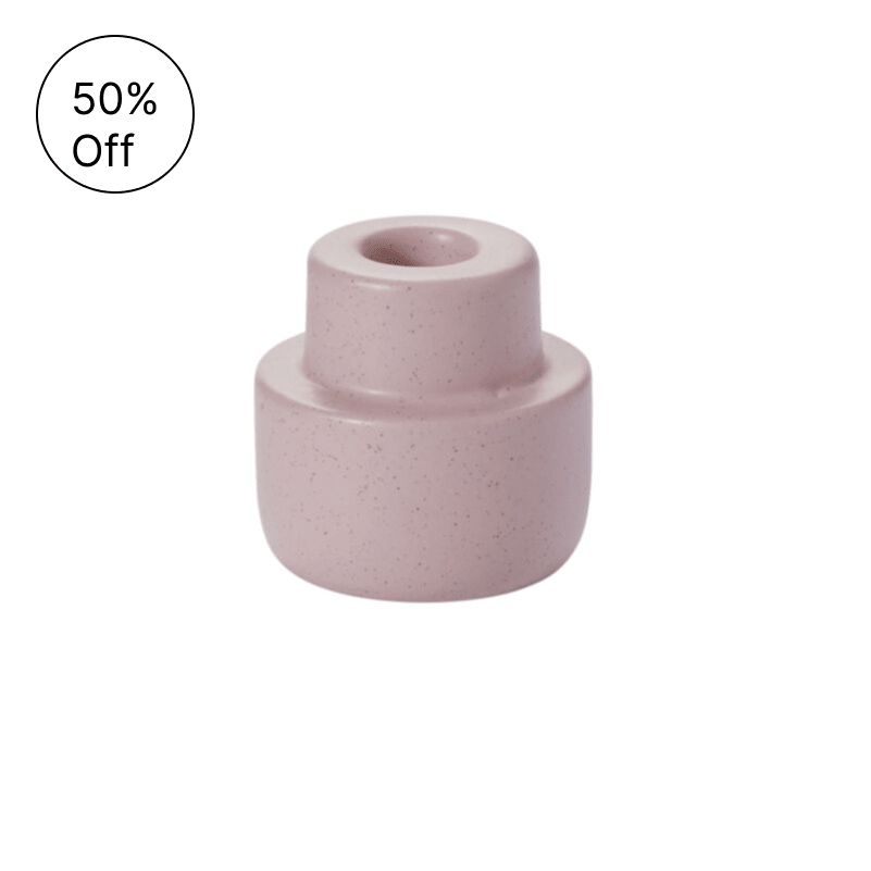 Small speckled pink ceramic bud vase with a rounded tiered shape