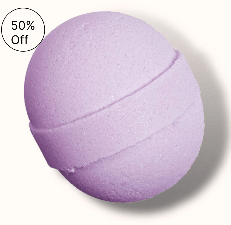 Lavender bath bomb with a "50% Off" badge