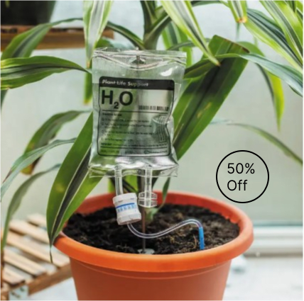 SALE 50% OFF- Plant Life Support Houseplant Watering Drip Device - Life support for your plants. Don’t ‘leaf’ your plants in the murderous hands of a friend or relative whilst you’re away on that dream trip. Your Plant Life Support will drip-feed everything your plant needs for the duration of your vacation. Peace of mind - it’s the ‘root’ of all happiness.  KEY FEATURES: - Suitable for small house plants - Waters plants for up to 7 days - Simple assembly - Packaging made from 100% recycled paper  CONTENTS: - x1 350ml IV bag, x1 metal peg, x1 valve, x1 dripper Details  •  Made in China •  Weight: 0.36 lb