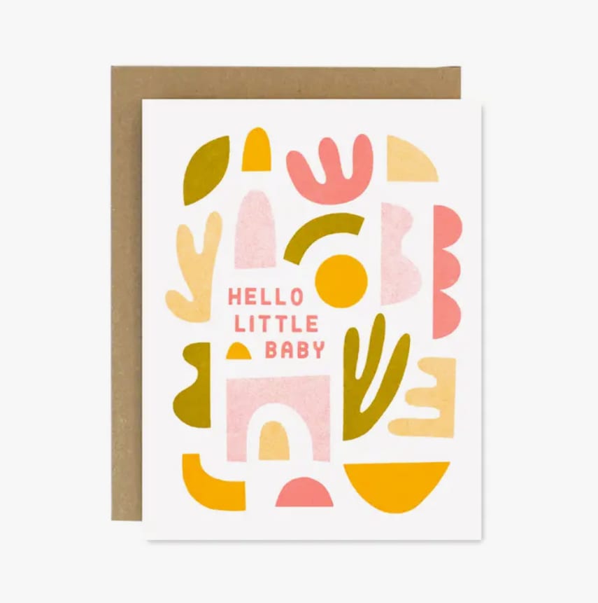 Baby greeting card with colorful abstract shapes and "Hello Little Baby" text